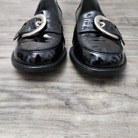 Stuart Weitzman Black Patent Leather Buckle Slip On Loafer Shoe - Picture 3 of 8